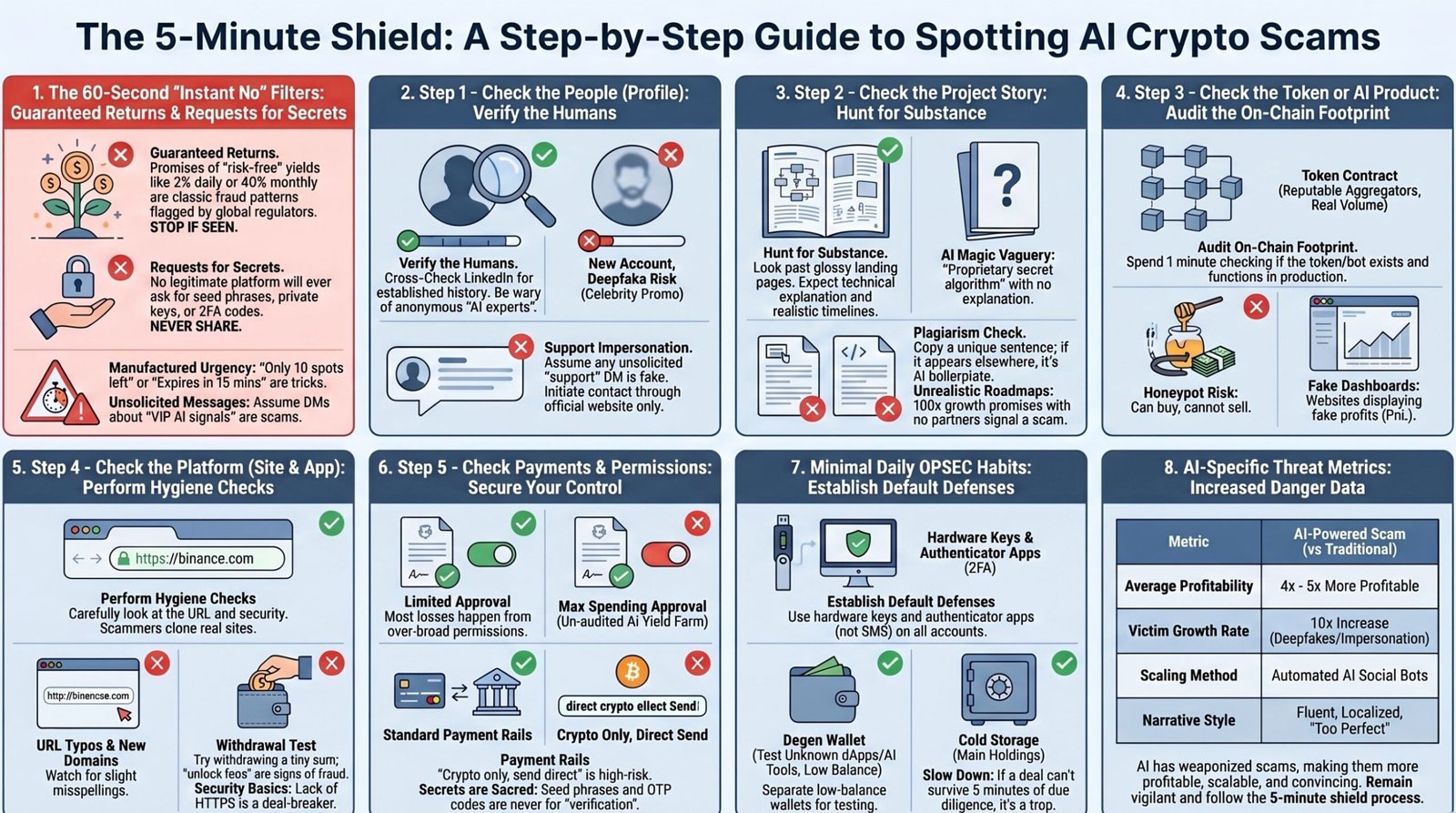How to spot AI crypto scams in 5 minutes – step by step checklist infographic by Indi Crypto